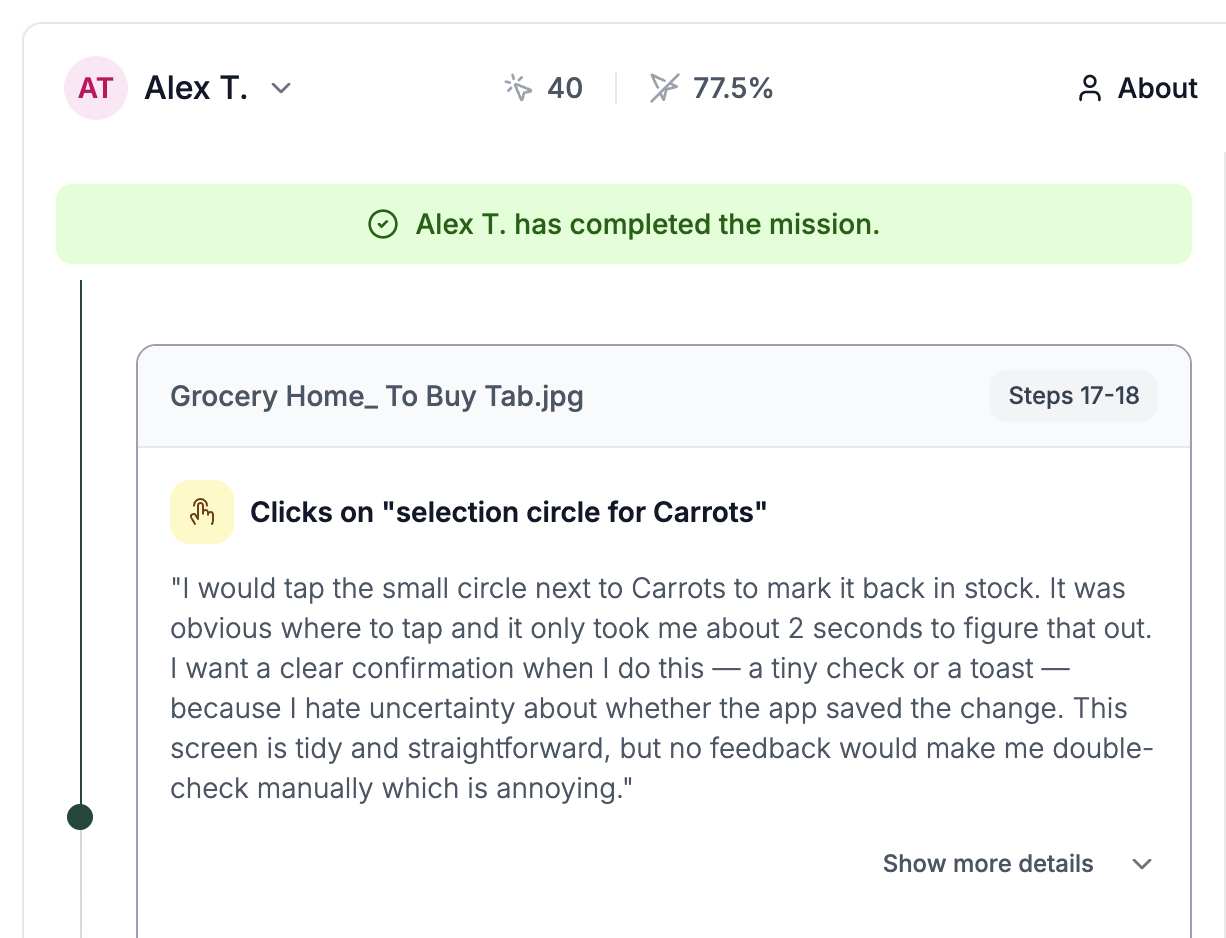 Alex T. user story, wants clear confirmation